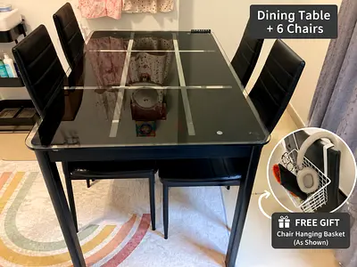Modern black glass dining table with 4 matching chairs plus free gift