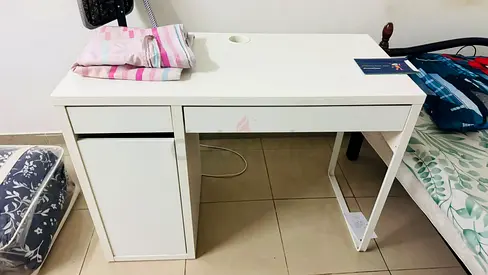 White minimalist study desk with drawer and cabinet - good condition