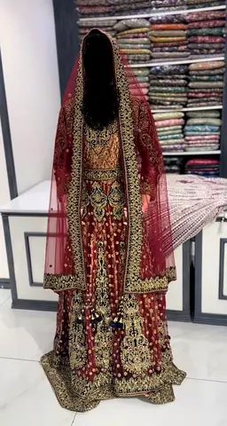 Maroon Embroidered Bridal Dress with Dupatta - Size Available