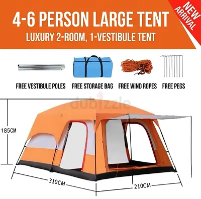 4-6 Person Large Camping Tent - 2-Room with Vestibule, New