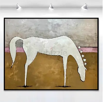 Large Original Acrylic Painting of White Horse on Canvas - Framed