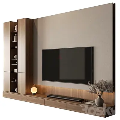 Modern Wall-Mounted Entertainment Unit with Tall Cabinets - Walnut Finish