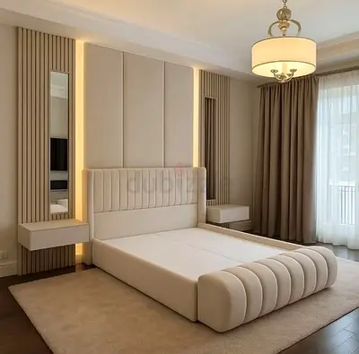 Modern upholstered queen bed with integrated headboard