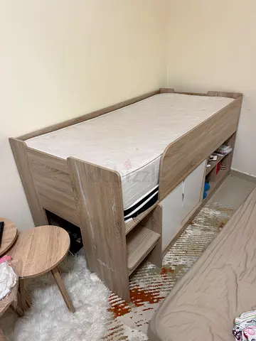 Single bed with built-in storage drawers and mattress - light wood finish