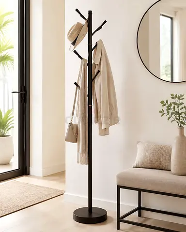 Slim Black Metal Freestanding Hall Tree Coat Rack with 8 Hooks