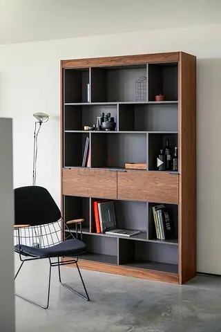Modern Wooden Bookcase with Shelves and Drawers