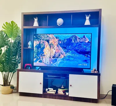 Brown TV Entertainment Unit with White Cabinet Doors - Excellent Condition