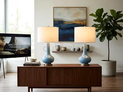 Pair of large ceramic table lamps with drum shades — light blue bases, excellent condition (70 cm)