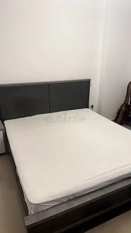 King Bed Frame with Headboard - Grey Fabric, Good Condition