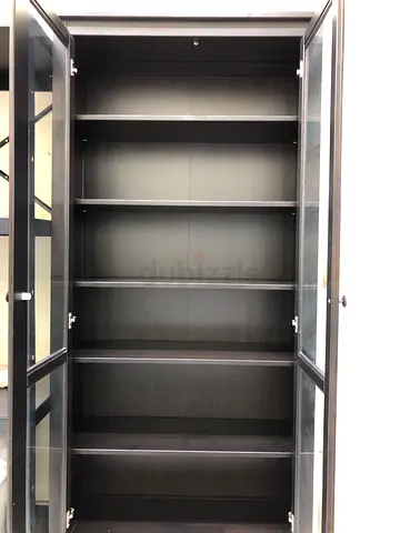 Large black glass-front display cabinet / bookshelf - good condition