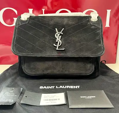 Saint Laurent Niki Chain Flap Bag Matelasse Chevron Suede Medium
