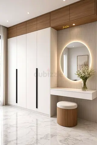 Modern built-in wardrobe with vanity and overhead storage