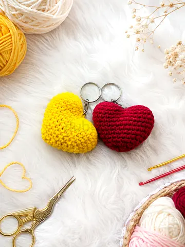 Handmade Crocheted Heart Keychains (Pair) - Yellow & Red