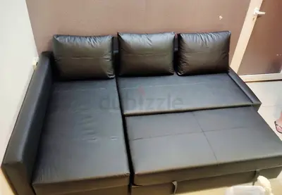 Black Faux Leather L-Shaped Sofa Bed
