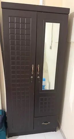 Dark Brown 2-Door Wardrobe with Mirror and Bottom Drawer