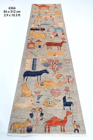 84 x 312 cm | 2'9 x 10'3 Ft Handmade Long Runner Rug with Colorful Animal & House Motifs