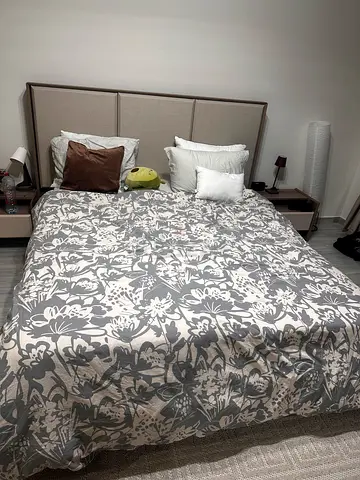 Queen upholstered headboard with mattress (used only for 1 year in good condition)