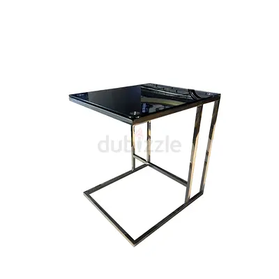 Large Glass Side Table with Chrome Frame - C-Shaped