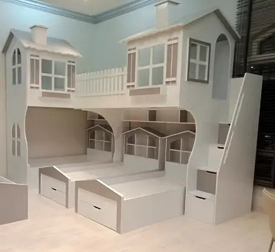 Loft Bunk Bed Playhouse for Kids - 3 Beds with Storage