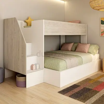 White and Wood Finish triple Bunk Bed with Storage Stairs - Good Condition