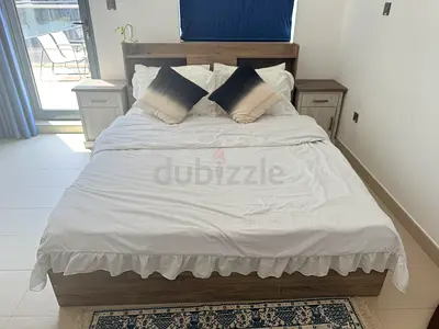 Wooden Queen Bed & Mattress with Headboard and Matching Nightstands