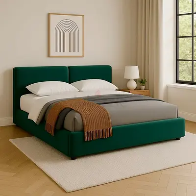 Green Upholstered Double Bed with Padded Headboard - Good Condition
