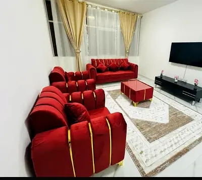 Brand New Red Velvet 3+2+1+1 Sofa Set with Gold Accents — Good Condition