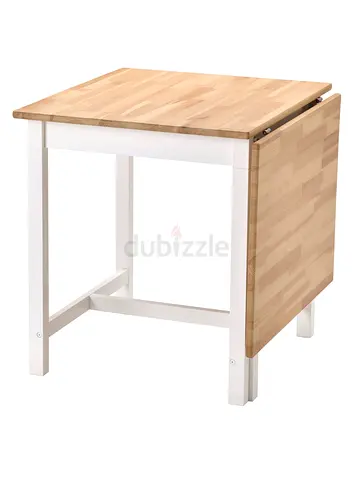 IKEA drop-leaf dining table with beech top and white legs and 2 chairs