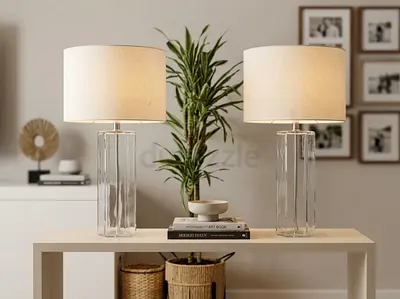 Pair of Clear Glass Table Lamps with Beige Fabric Shades 70 cm