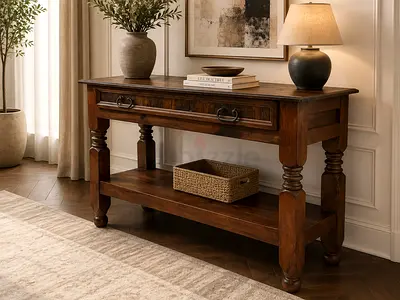 Solid Wood Console Table with Drawer and Lower Shelf - Dark Brown
