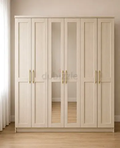 Light Wood 6-Door Wardrobe with Mirrored Center Panels