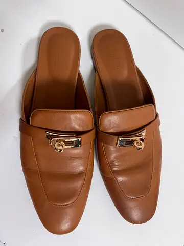 Brown leather slip-on mules with gold hardware -  light used - size 41