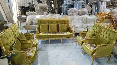 Green Velvet Living Room Sofa Set with Gold Trim - 3+1+1+1+1 Classic Style