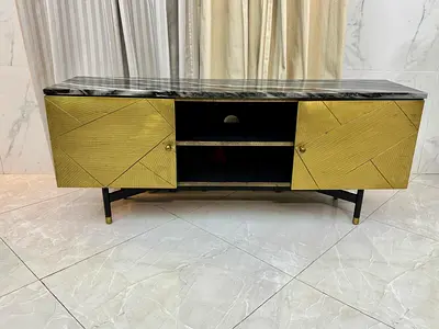 Marina Home Modern Marble Top TV Cabinet with Brass-Style Doors