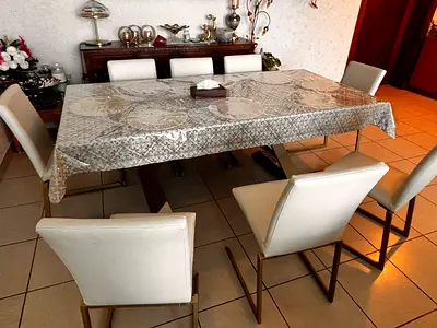 Modern 8 Seater Dining Table 100 210 cm with beige leather Upholstered Chairs.