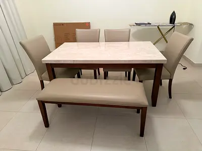 Marble Top Dining Table with 6 Chairs and Bench - Used, Good Condition
