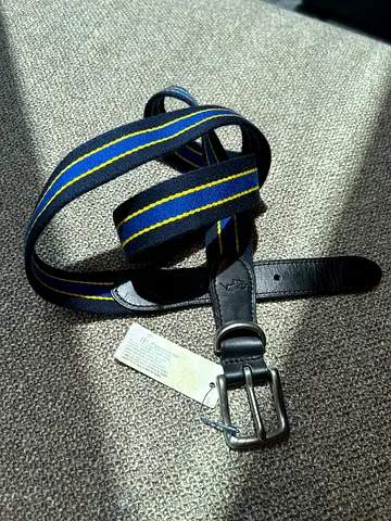 Polo Ralph Lauren Navy blue yellow stripe fabric & leather belt — casual classic, size 95