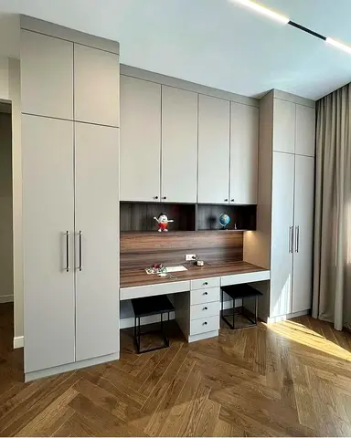 Custom built-in bedroom wardrobe with desk and storage - light grey finish