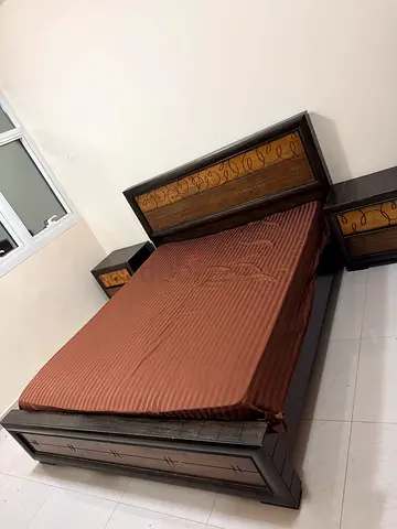 Solid wood King 200*210 bed frame with matching bedside tables, dressing table and cupboard