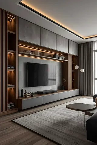 Modern built-in entertainment unit with shelves and TV console