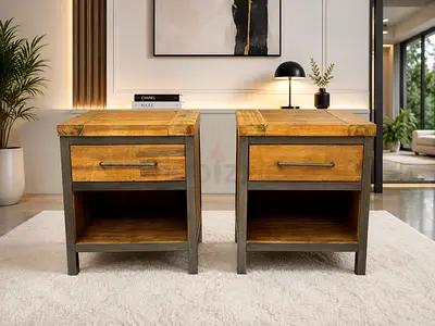 Pair of Rustic Wooden Bedside Tables with Drawer and Open Shelf