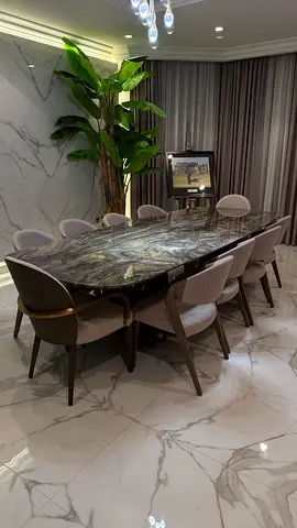 Al Huzaifa Modern Marble Dining Table with 10 Chairs and console - Excellent Condition