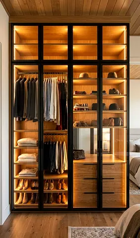 Modern Built-in Wooden Wardrobe with LED Lighting - Large