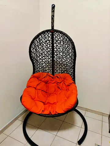 Rattan Hanging Chair with Stand and Orange Cushion Branded