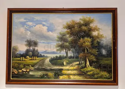Framed Landscape Oil-Style Painting — Country River Scene