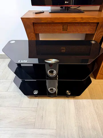 Black tempered glass TV stand / entertainment unit - 3 shelves