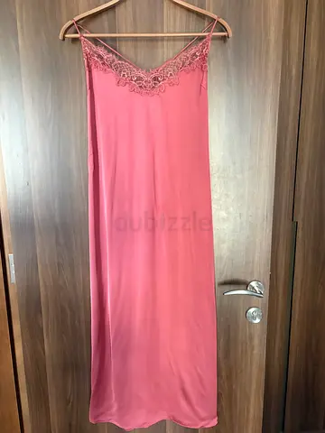 Pink satin lace-trim slip dress / nightgown