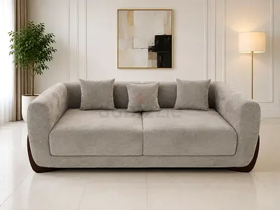 Custom made Light grey sofa with curved arms and wooden base