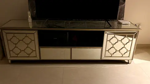 Mirrored TV Cabinet / Entertainment Unit - Silver Decorative Panels