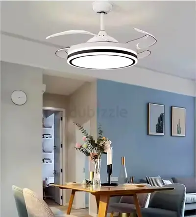 White Modern Retractable Ceiling Fan with LED Light